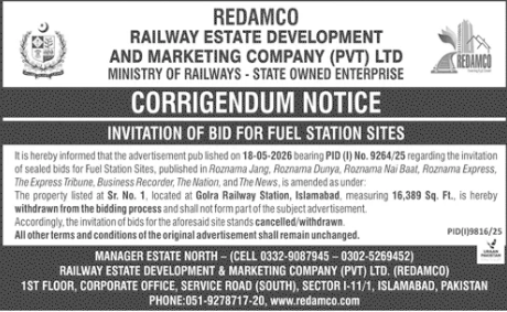 Corrigendum - Withdrawal of Golra Fuel Station Site - REDAMCO - Railway Estate Development and Marketing Company (REDAMCO)