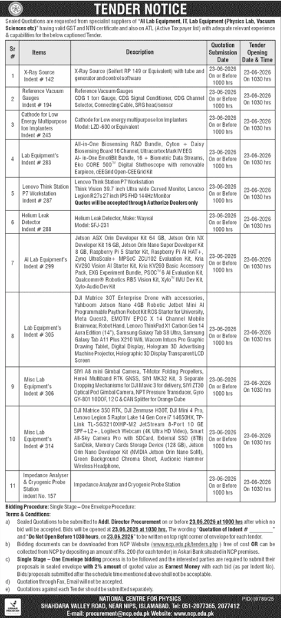 Lab Equipment Procurement - National Centre for Physics Islamabad