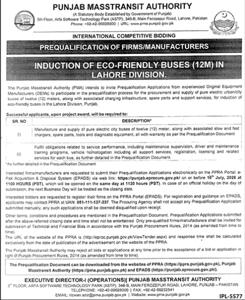 Prequalification of OEMs for Electric Buses - PMA Lahore
