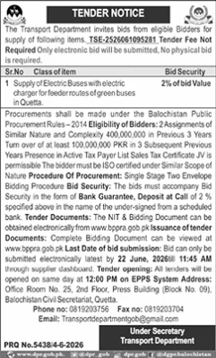 Electric Buses with Chargers for Quetta Green Bus Routes - Transport Department, Government of Balochistan