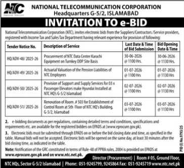 4 e-Bids - NTC Data Center, Pension Valuation, Elevators, Control Room - National Telecommunication Corporation (NTC)