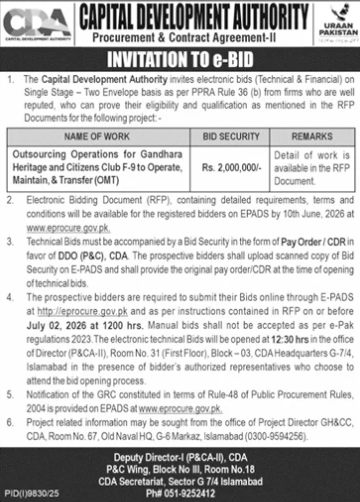 Outsourcing Gandhara Heritage & Citizens Club F-9 Islamabad - CDA