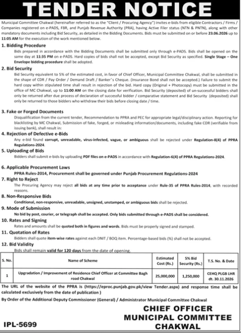 Upgradation of Residence Chief Officer - MC Chakwal - Municipal Committee Chakwal
