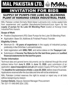 Supply of Pumps for Lube Oil Blending Plant - MAL Karachi - MAL Pakistan Limited