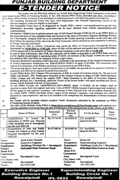 2 Civil Works - School at DHDC & Church Toilets - PBD Rawalpindi - Punjab Buildings Department, Buildings Division No. 1 Rawalpindi