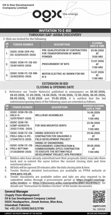 7 E-Bids - Barite Powder, Bits, Motor, Wellhead, Gents, PC Project - OGDCL - Oil & Gas Development Company Limited (OGDCL)