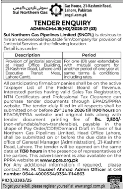 Hiring of Janitorial Services - SNGPL Head Office & Cantt Lahore