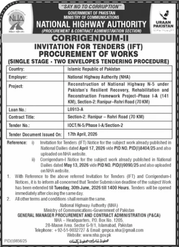 Corrigendum-II - N-5 Ranipur-Rohri Road 70KM Deadline Extended - National Highway Authority (NHA)