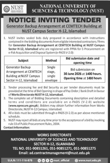 Generator Backup Arrangement - CEMTECH Building NUST H-12 - National University of Sciences & Technology (NUST)