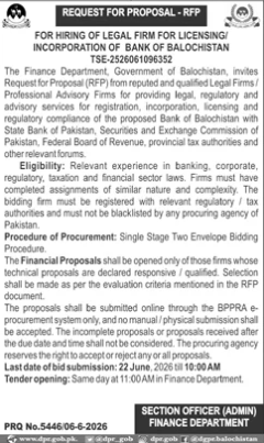 Legal Firm for Licensing Bank of Balochistan - Finance Dept - Finance Department, Government of Balochistan