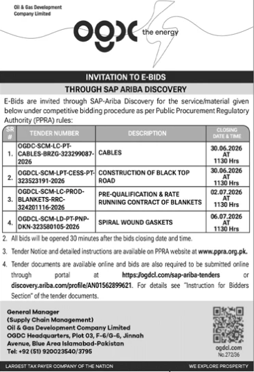 4 E-Bids - Cables, Road, Blankets, Gaskets - OGDCL - Oil & Gas Development Company Limited (OGDCL)