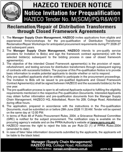 Prequalification - Repair of Distribution Transformers - HAZECO - Hazara Electric Supply Company (HAZECO)