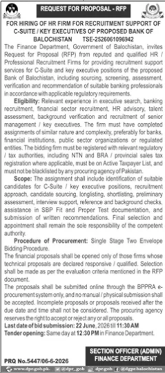 HR Firm for C-Suite Recruitment - Bank of Balochistan - Finance Dept - Finance Department, Government of Balochistan