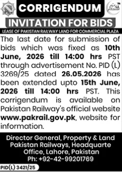 Corrigendum - Railway Land Commercial Plaza Lease Date Extended - Pakistan Railways, Property & Land Directorate