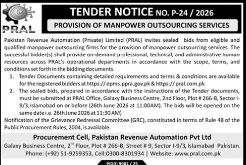 Manpower Outsourcing Services - PRAL Islamabad - Pakistan Revenue Automation (Private) Limited (PRAL)