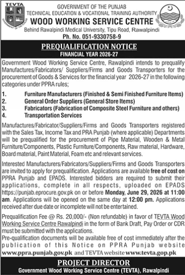 Prequalification - Furniture, Suppliers, Transporters - TEVTA Wood Centre RWP - Government Wood Working Service Centre, TEVTA