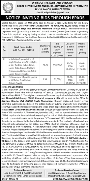 Street Lights & Public Spaces Enhancement - Tehsil Lahore, Swabi - Local Government & Rural Development Department, Tehsil Lahore