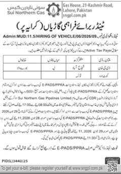 Hiring of Vehicles - Double Cabin, Car, Van - SNGPL Lahore - Sui Northern Gas Pipelines Limited (SNGPL)