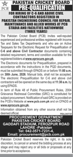 Prequalification - C-6+ Civil Contractors - PCB Stadia Nationwide - Pakistan Cricket Board (PCB)