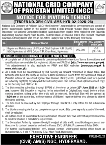 Repair & Maintenance - Chief Engineer AM South Office - NGC Hyderabad - National Grid Company of Pakistan Limited (NGC)