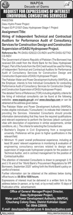 Independent Auditors for DASU Hydropower Project - WAPDA - Water and Power Development Authority (WAPDA)