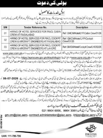 Hotel Services for PIACL Crew & Engineers - Faisalabad & Lahore - Pakistan International Airlines Corporation Limited (PIACL)
