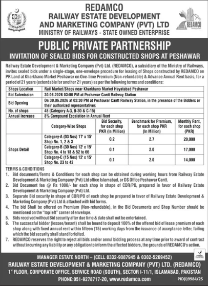 PPP - Leasing of 48 Constructed Shops - Kharkhano Market Peshawar - REDAMCO - Railway Estate Development and Marketing Company (REDAMCO)