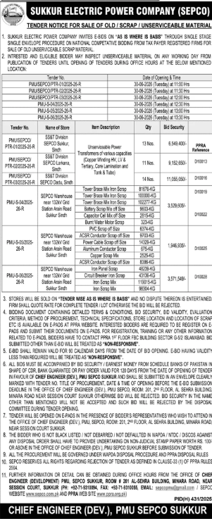 Sale of Scrap - Transformers, Towers, Cables, Conductors - SEPCO Sukkur - Sukkur Electric Power Company (SEPCO)