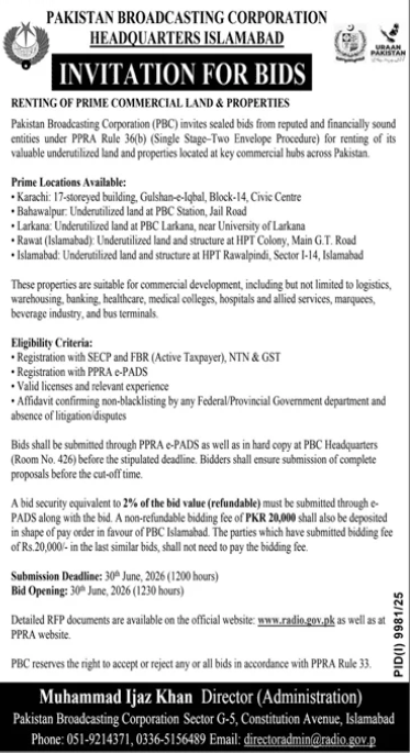 Renting of Prime Commercial Land & Properties - PBC Islamabad - Pakistan Broadcasting Corporation (PBC)