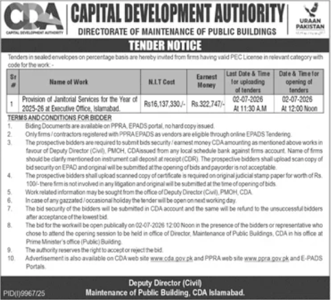 Janitorial Services FY 2025-26 - Executive Office - CDA Islamabad - Capital Development Authority (CDA)