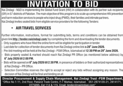 Air Travel Services - Nai Zindagi Global Fund HIV Project - Nai Zindagi Trust - PSM Department