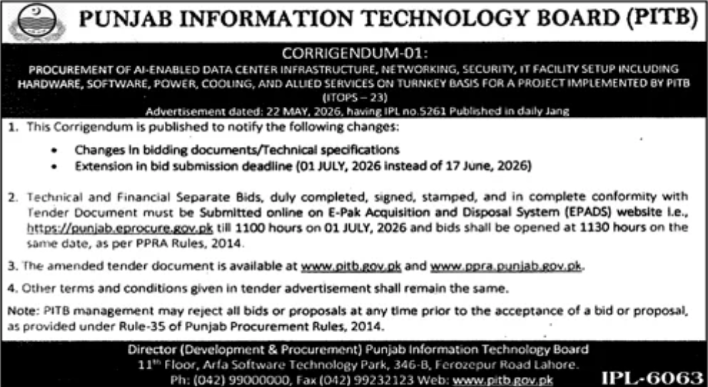 Corrigendum - AI-Enabled Data Center Infrastructure - PITB - Punjab Information Technology Board (PITB)