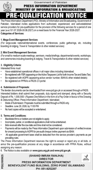 Prequalification - Mega & Mini Event Management Services - PID Islamabad - Press Information Department (PID)