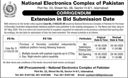 Corrigendum - Remotely Controlled Platform Bid Date Extended - NECOP - National Electronics Complex of Pakistan (NECOP)