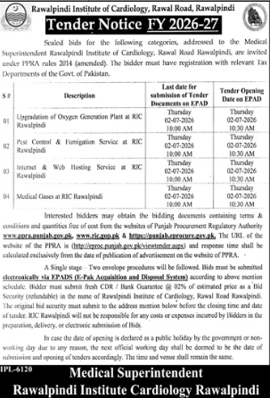 4 Services - Oxygen Plant, Pest Control, Internet, Medical Gases - RIC Rawalpindi - Rawalpindi Institute of Cardiology (RIC)