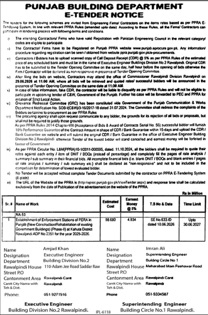 Enforcement Stations of PERA - New Construction/Rehab - Punjab Building Dept - Punjab Building Department, Building Division No.2 Rawalpindi