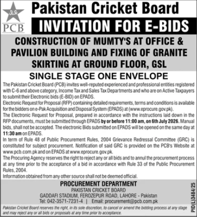 Construction of Mumty's & Granite Skirting - PCB Gaddafi Stadium Lahore - Pakistan Cricket Board (PCB)