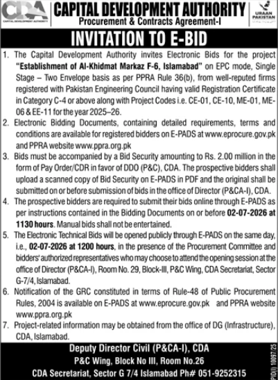 Establishment of Al-Khidmat Markaz F-6 - CDA Islamabad - Capital Development Authority (CDA)