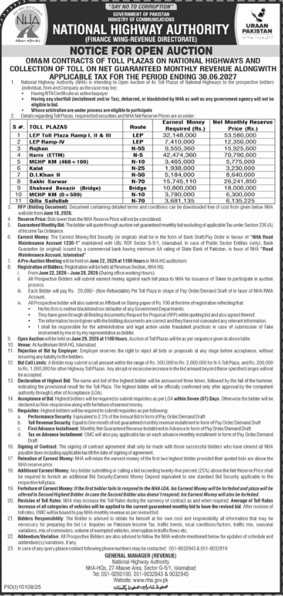 O&M Contracts of Toll Plazas on National Highways - NHA - National Highway Authority (NHA)