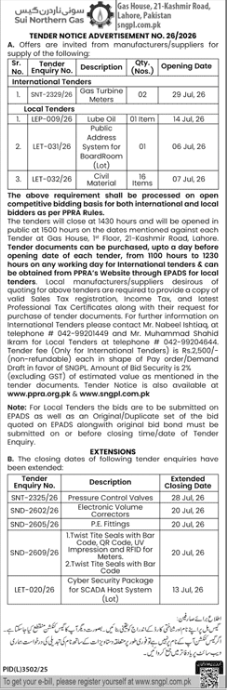 Tender Advertisement No. 26/2026 - Gas Turbine, Lube Oil, Meters + Extensions - SNGPL - Sui Northern Gas Pipelines Limited (SNGPL)