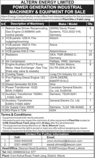 Power Generation Industrial Machinery & Equipment For Sale - Altern Energy Fateh Jang - Altern Energy Limited