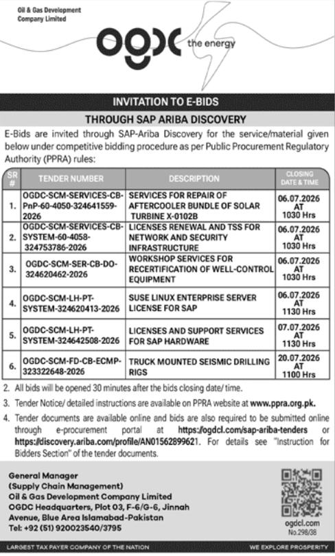6 E-Bids - Repair of Aftercooler, Network Licenses, Workshop Services - OGDCL - Oil & Gas Development Company Limited (OGDCL)