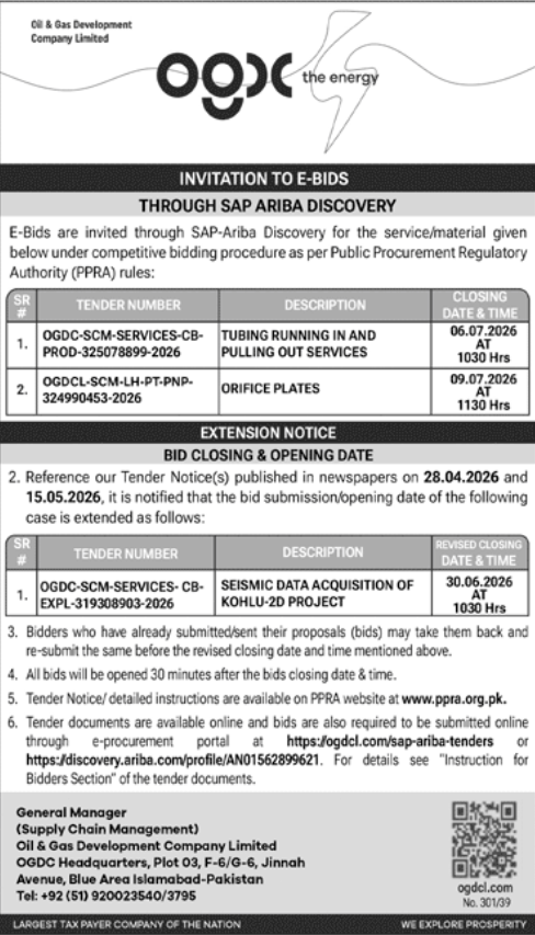 2 E-Bids + Extension - Tubing Services, Orifice Plates, Seismic Data - OGDCL - Oil & Gas Development Company Limited (OGDCL)