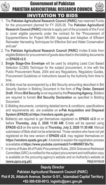Equipment for Project NR-354 - Rainwater Harvesting - PARC - Pakistan Agricultural Research Council (PARC)