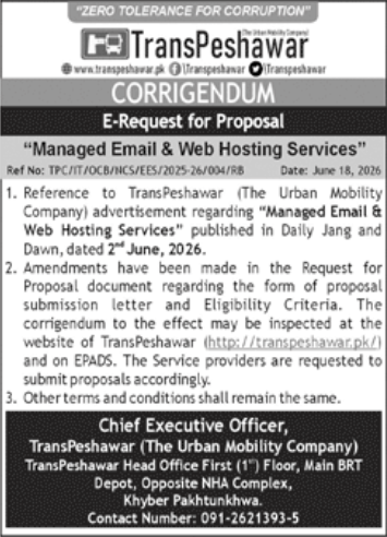 Corrigendum - Managed Email & Web Hosting Services - TransPeshawar - TransPeshawar (The Urban Mobility Company)