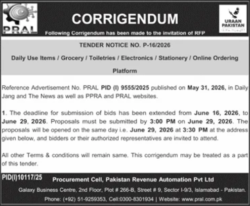Corrigendum - Daily Use Items / Grocery / Online Ordering Platform - PRAL - Pakistan Revenue Automation Pvt Ltd (PRAL)
