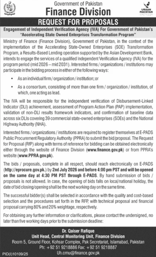 RFP - Engagement of Independent Verification Agency (IVA) for SOE Transformation Program - Finance Division - Ministry of Finance, Finance Division