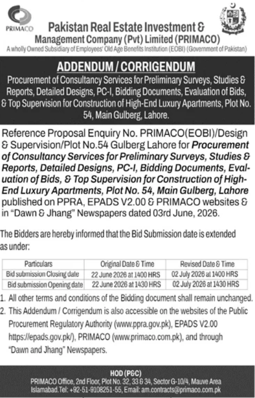 Addendum / Corrigendum - Consultancy Services for Luxury Apartments Plot 54 Gulberg Lahore - PRIMACO - Pakistan Real Estate Investment & Management Company (PRIMACO)