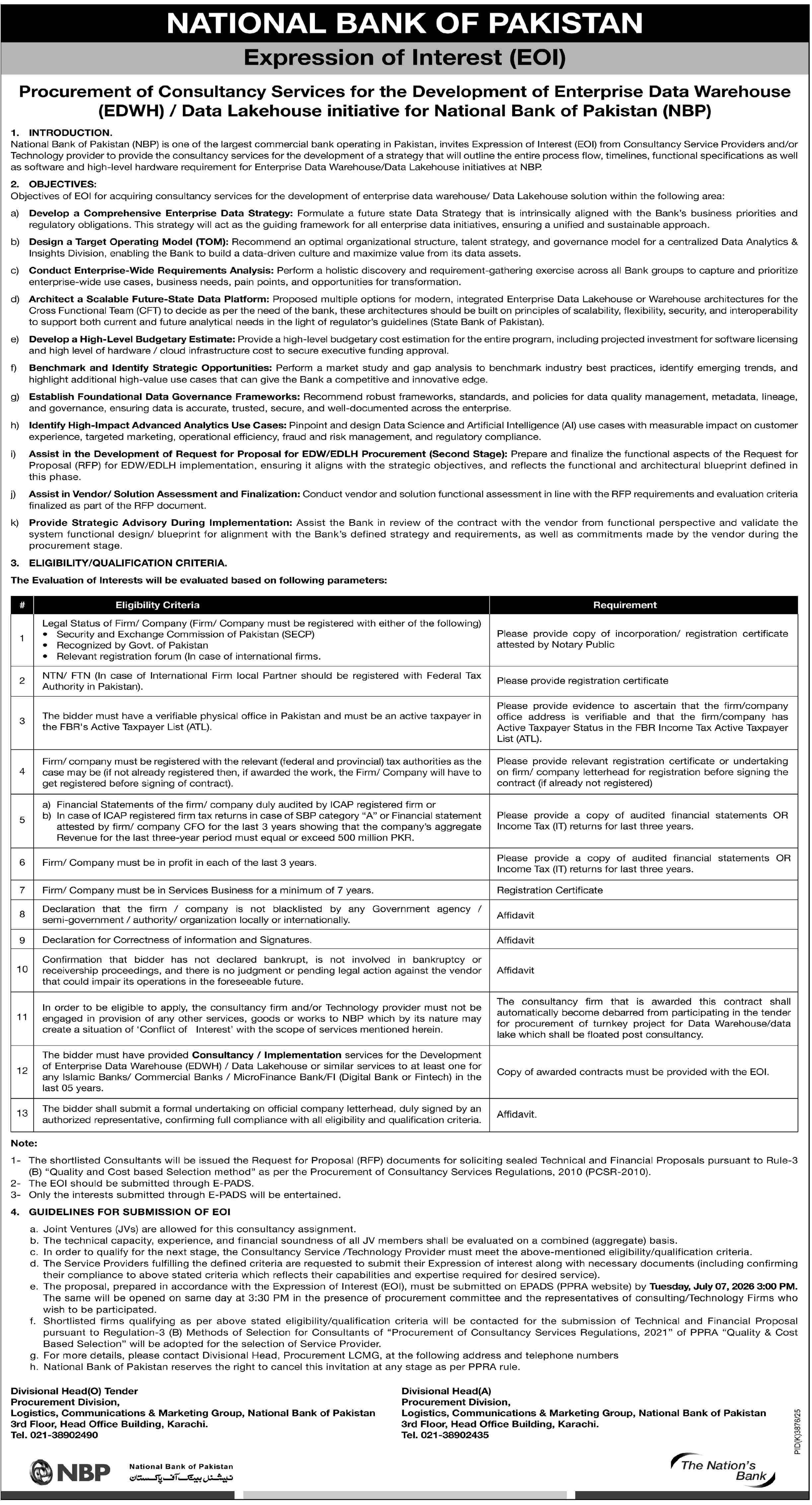 EOI - Procurement of Consultancy Services for EDWH / Data Lakehouse - National Bank of Pakistan - National Bank of Pakistan (NBP)