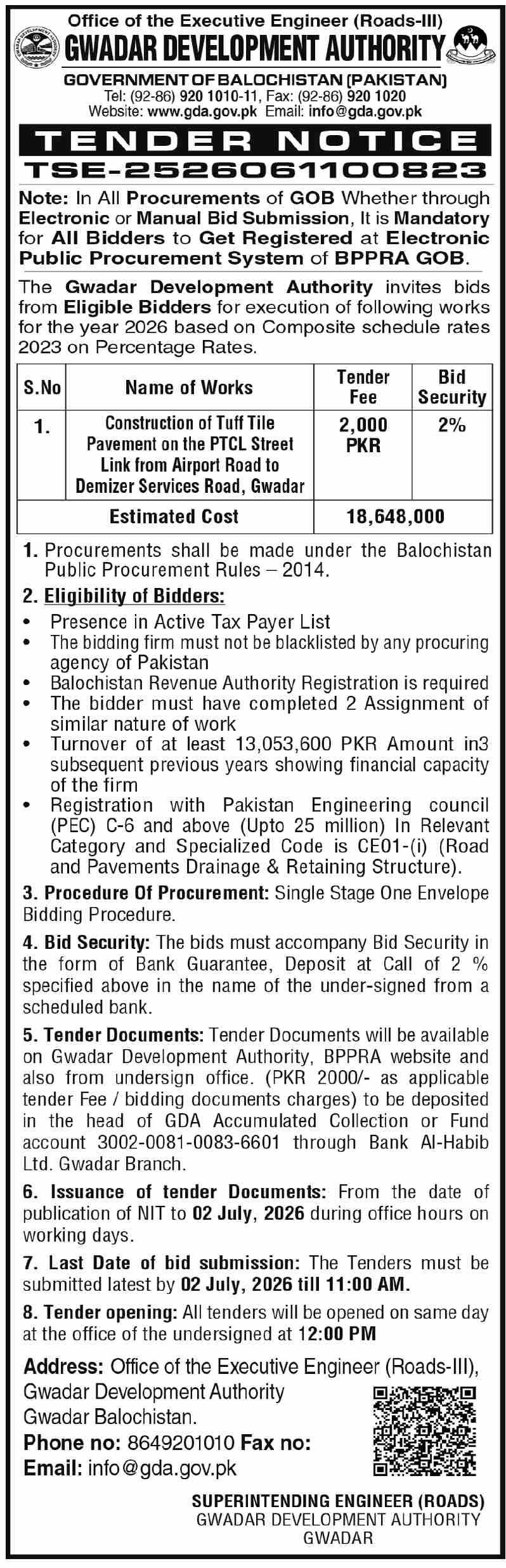 Construction of Tuff Tile Pavement PTCL Street Link Airport Road to Demizer Services Road - GDA - Gwadar Development Authority (GDA)